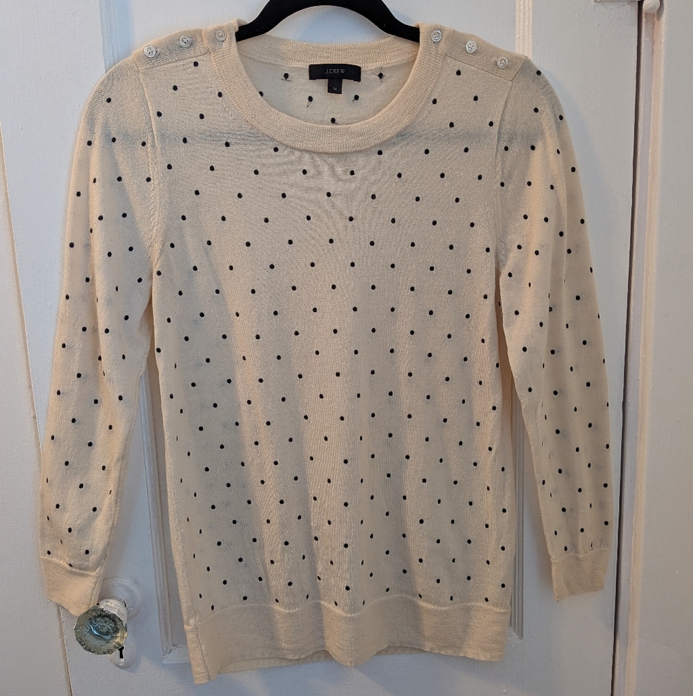 J. Crew Wool Crew Neck Mini Polka Dot Cream Sweater Fall Back to School - Size M